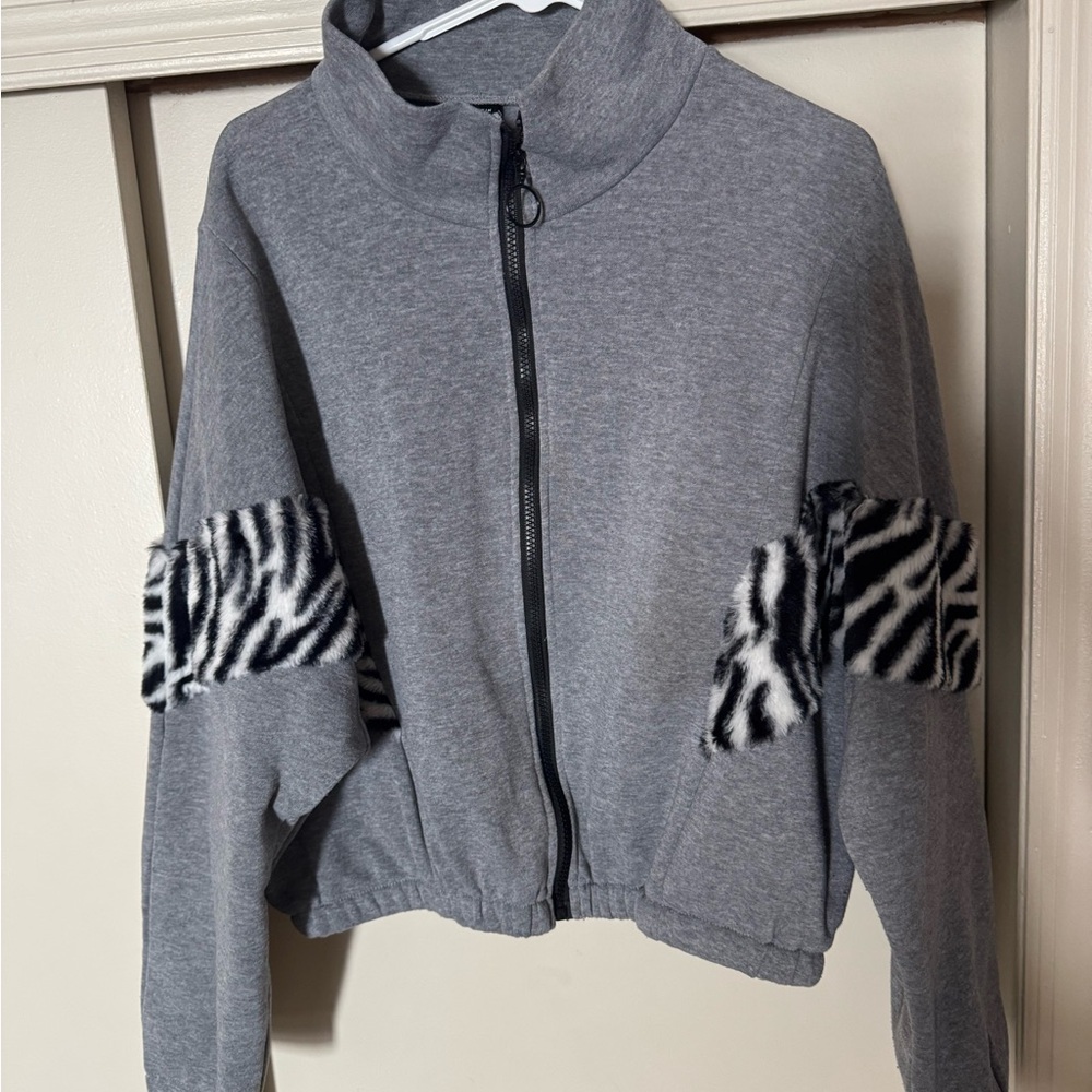 SHEIN Gray Bomber Jacket with Zebra Print
